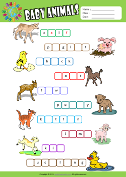Baby Animals Missing Letters in Words ESL Vocabulary Worksheet