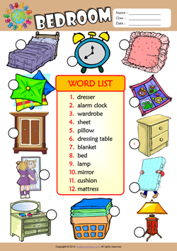 Bedroom Number the Pictures ESL Vocabulary Worksheet