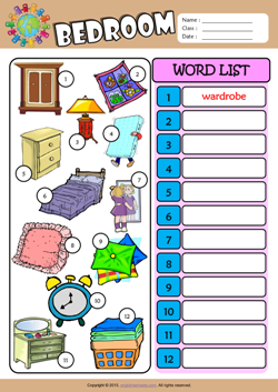 Bedroom Write the Words ESL Vocabulary Worksheet