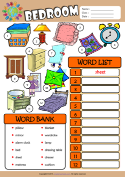 Bedroom ESL Find and Write the Words Worksheet For Kids
