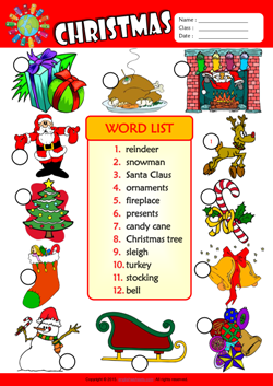 Christmas Number the Pictures ESL Vocabulary Worksheet
