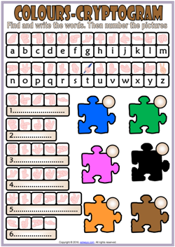 colors esl vocabulary cryptogram puzzle worksheet for kids