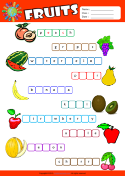 Fruits Missing Letters in Words ESL Vocabulary Worksheet