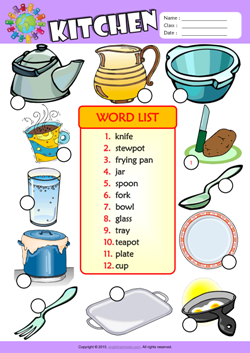 Kitchen Number the Pictures ESL Vocabulary Worksheet