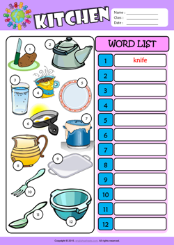 Kitchen Write the Words ESL Vocabulary Worksheet