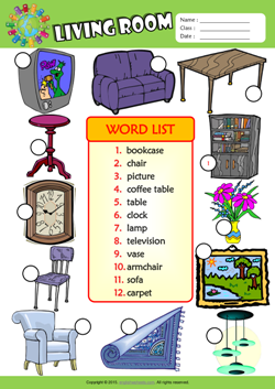 Living Room Number the Pictures ESL Vocabulary Worksheet