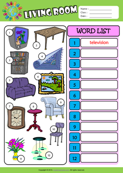 Living Room Write the Words ESL Vocabulary Worksheet
