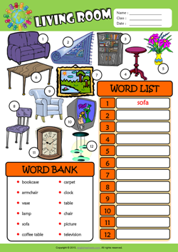 Living Room ESL Find and Write the Words Worksheet For Kids