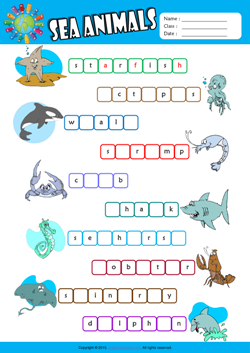 Sea Animals Missing Letters in Words ESL Vocabulary Worksheet