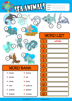 Sea Animals ESL Find and Write the Words Worksheet For Kids