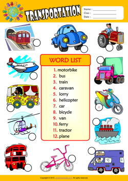Transportation Number the Pictures ESL Vocabulary Worksheet