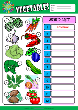 Vegetables Write the Words ESL Vocabulary Worksheet