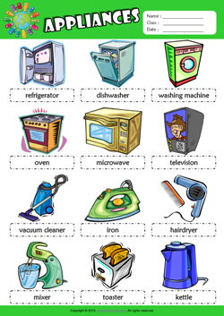 Appliances Picture Dictionary ESL Vocabulary Worksheet