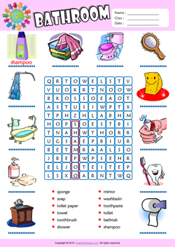 Bathroom Word Search Puzzle ESL Vocabulary Worksheet