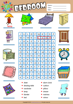 Bedroom Word Search Puzzle ESL Vocabulary Worksheet