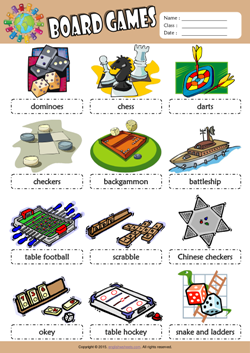 Board Games Picture Dictionary ESL Vocabulary Worksheet