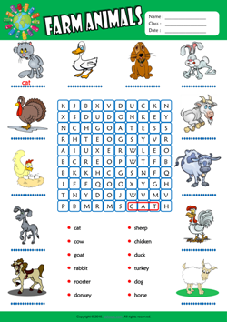 Farm Animals Word Search Puzzle ESL Vocabulary Worksheet