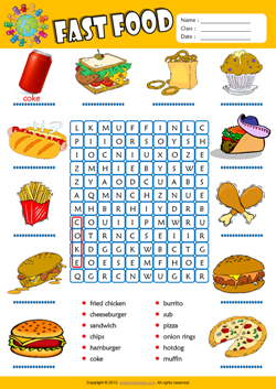 Fast Food Word Search Puzzle ESL Vocabulary Worksheet