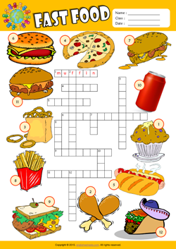 Fast Food Crossword Puzzle ESL Vocabulary Worksheet