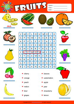 Fruits Word Search Puzzle ESL Vocabulary Worksheet
