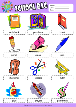 Schoolbag Picture Dictionary ESL Vocabulary Worksheet