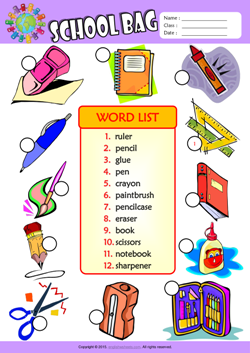 Schoolbag Number the Pictures ESL Vocabulary Worksheet