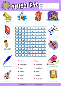 Schoolbag Word Search Puzzle ESL Vocabulary Worksheet