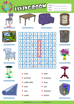 Living Room Word Search Puzzle ESL Vocabulary Worksheet