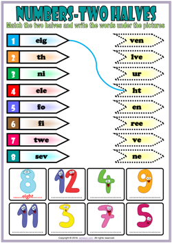 numbers esl vocabulary match the two halves puzzle worksheet for kids
