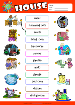 Parts of a House ESL Matching Exercise Worksheet For Kids