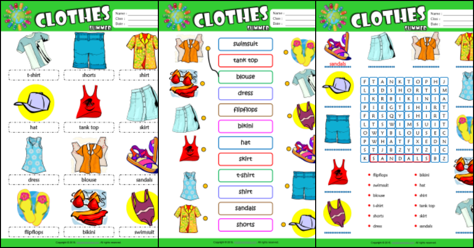 Summer Clothes Worksheets