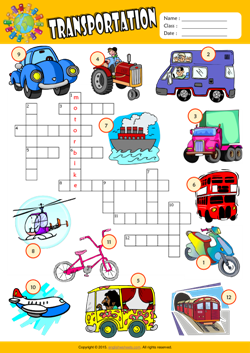 Transportation Crossword Puzzle ESL Vocabulary Worksheet