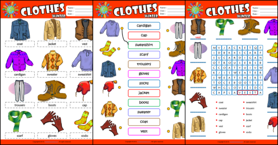 Winter clothes vocabulary worksheet