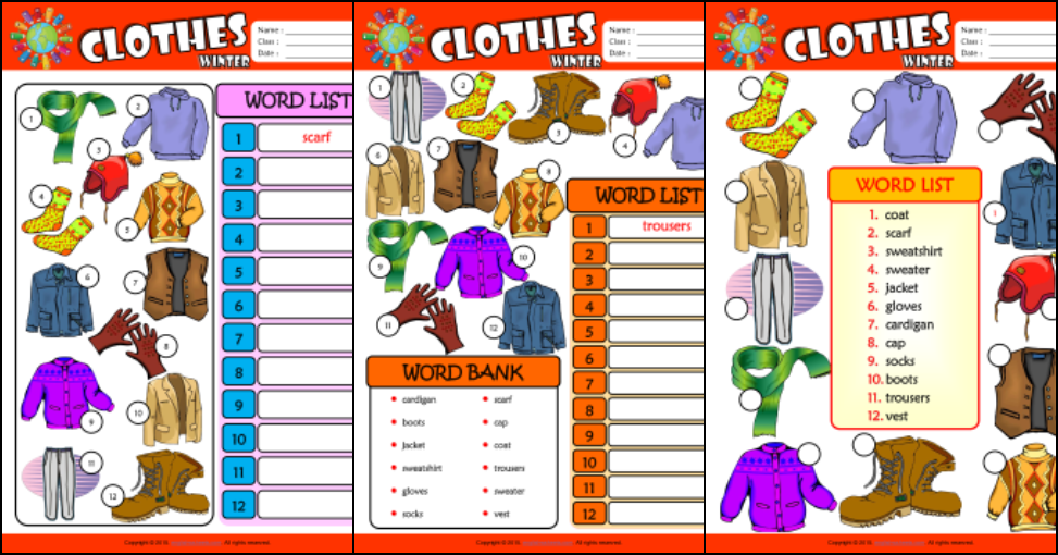 Winter Clothes Write the Words ESL Vocabulary Worksheet